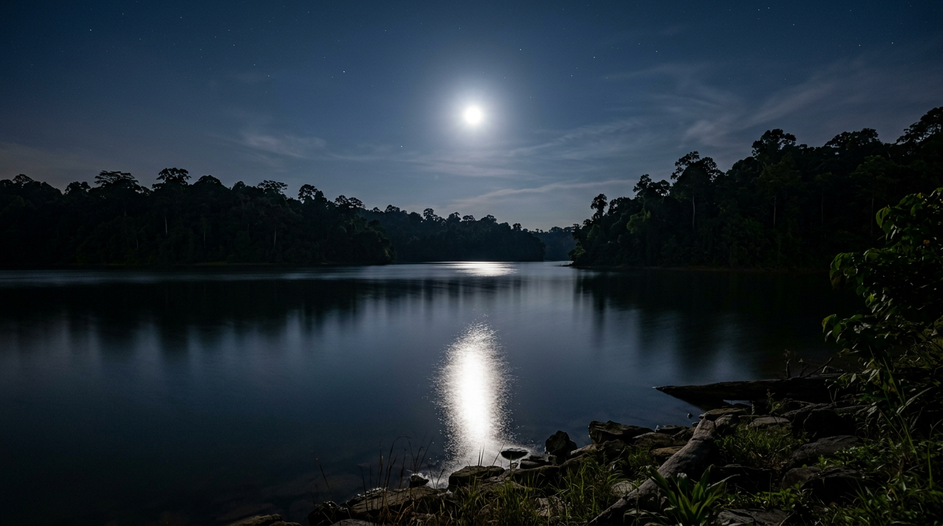 Lower Peirce Reservoir at night, a bright full moon reflected on the still water