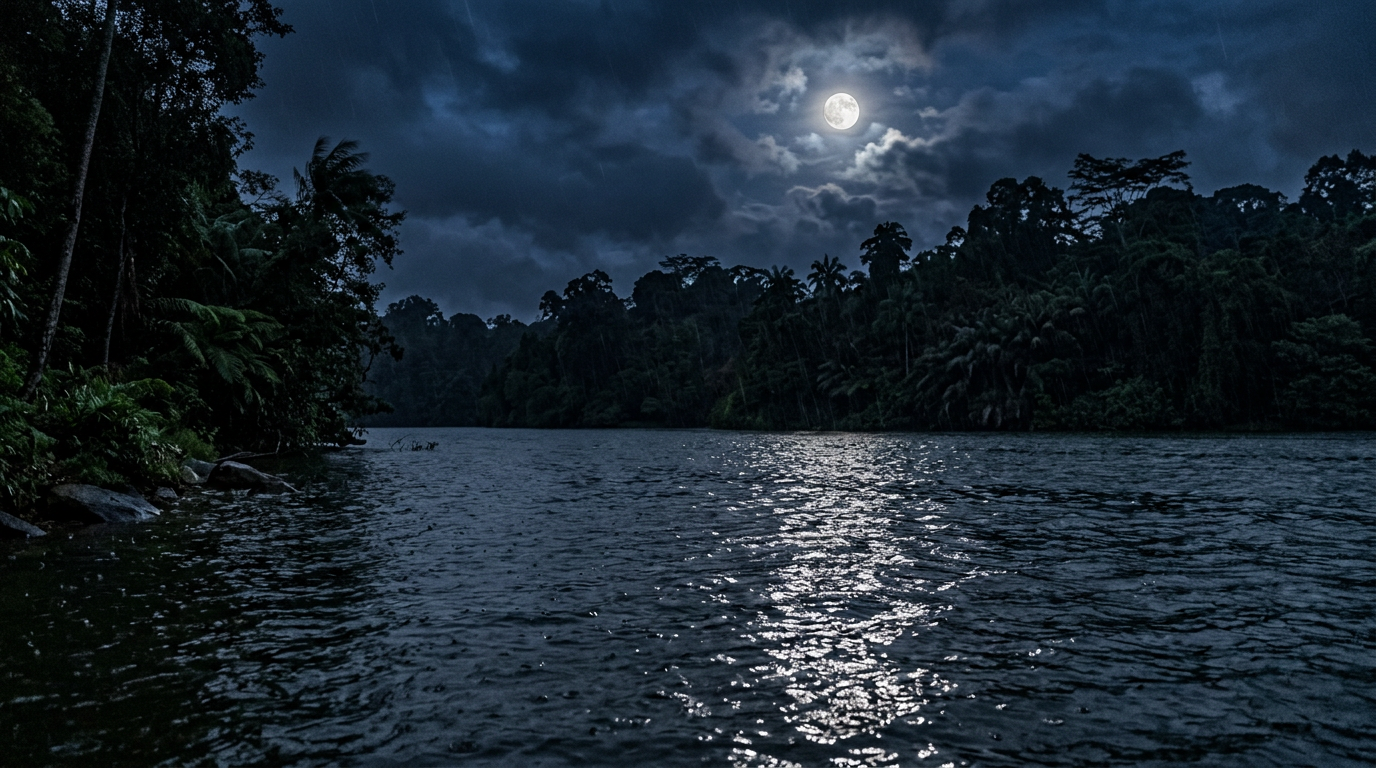 A reservoir at night, wind and rain breaking the moon's reflection into scattered silver shards