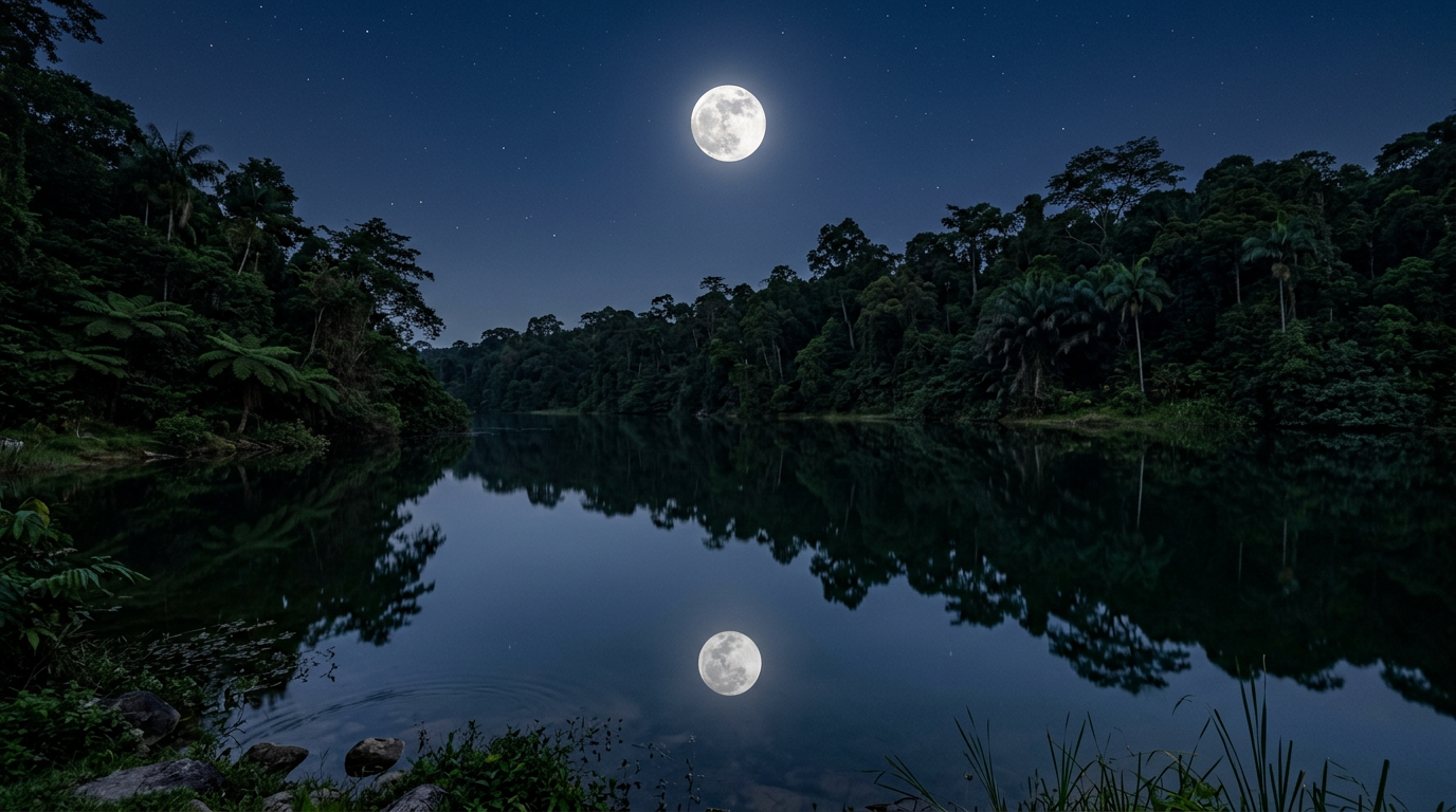 The same kind of reservoir at night, perfectly still, mirroring the full moon and forest clearly